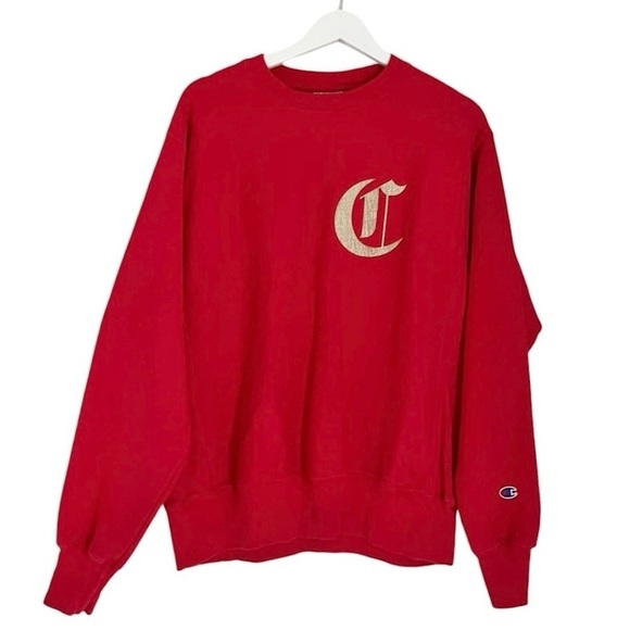 Champion Reverse Weave Men’s‎ Logo Crewneck Sweatshirt Red Gold Size Medium - Picture 1 of 9